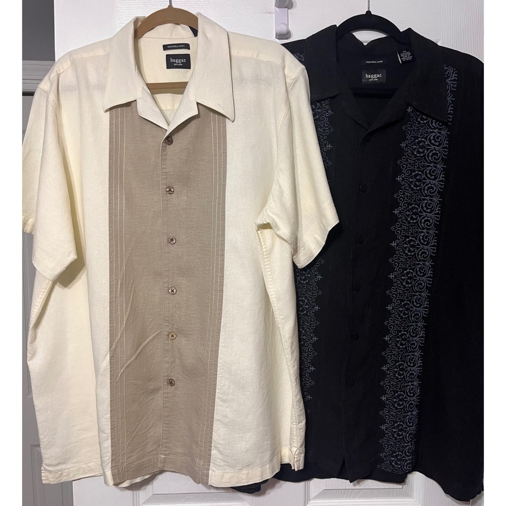 Haggar Mens‎ XXL Washable Linen Blend Shirts (2) Short Sleeve Camp Collar Retro